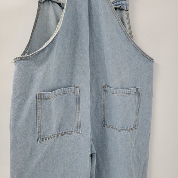 Polagram Overalls Button Up Denim Jumpsuit Womens L Blue Light Wash Ruffle Strap - Picture 8 of 16